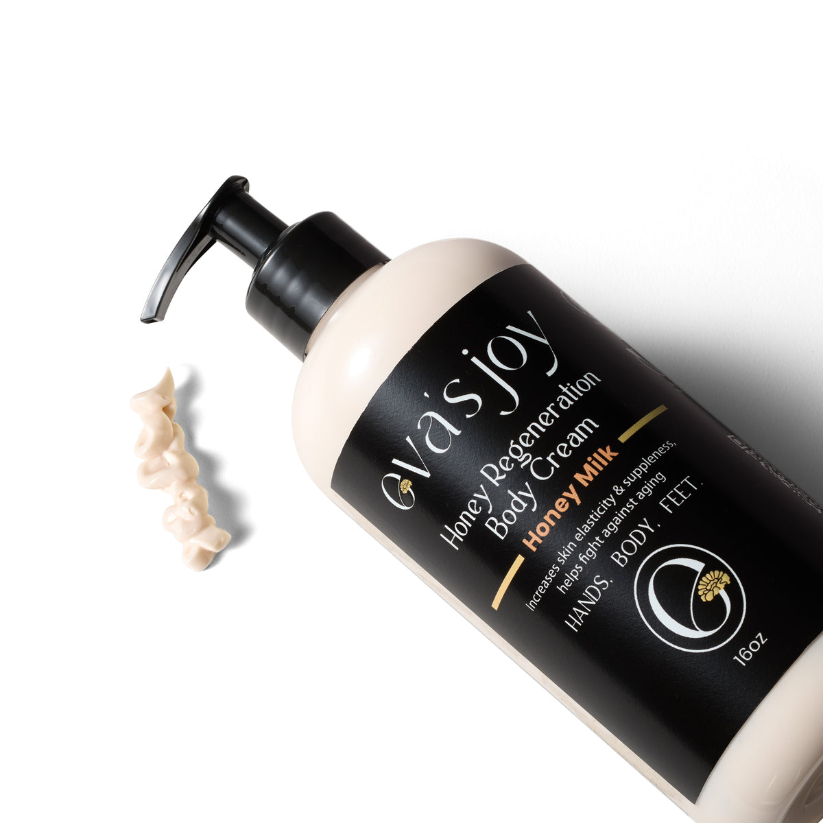 Eva’s Joy Honey Milk Body Cream 16 oz pump bottle with cream – angled view