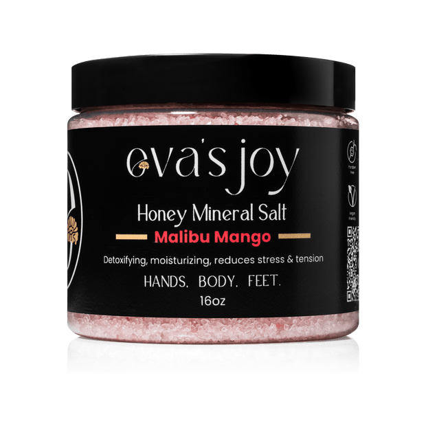 Eva’s Joy Malibu Mango Mineral Bath Salt 16 oz jar – front view