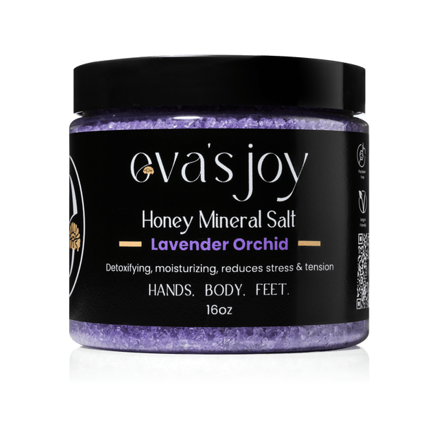 Eva’s Joy Lavender Orchid Mineral Bath Salt 16 oz jar – front view