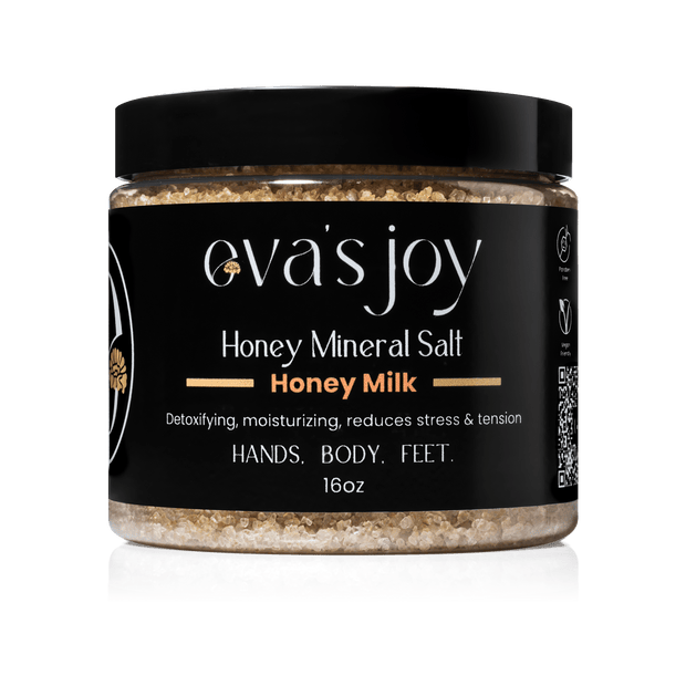 Eva’s Joy Honey Milk Mineral Bath Salt 16 oz jar – front view