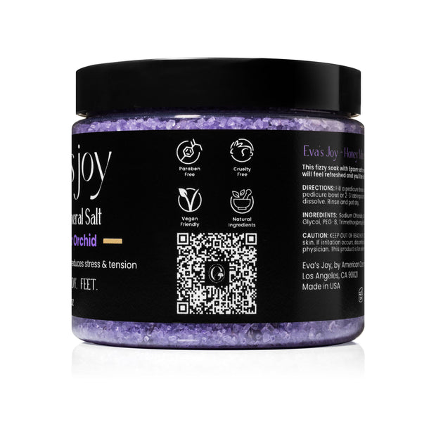 Eva’s Joy Lavender Orchid Mineral Bath Salt 16 oz jar – side view