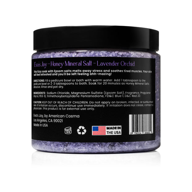 Eva’s Joy Lavender Orchid Mineral Bath Salt 16 oz jar – back label view