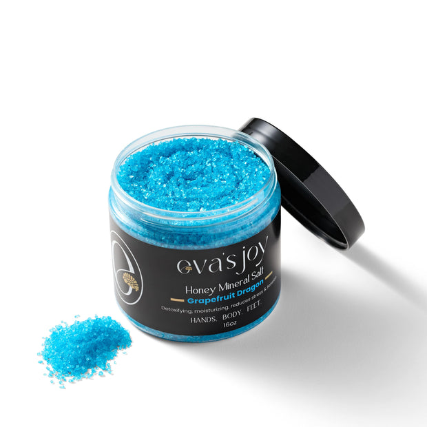 Eva’s Joy Grapefruit Dragon Mineral Bath Salt 16 oz open jar with mineral bath salts