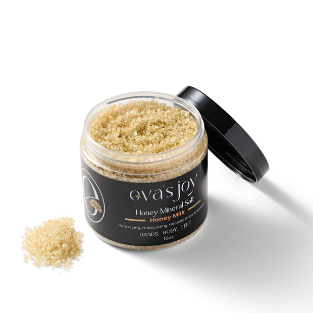 Eva’s Joy Honey Milk Mineral Bath Salt 16 oz open jar