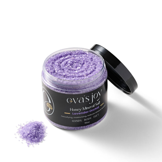 Eva’s Joy Lavender Orchid Mineral Bath Salt 16 oz open jar with purple bath salts.