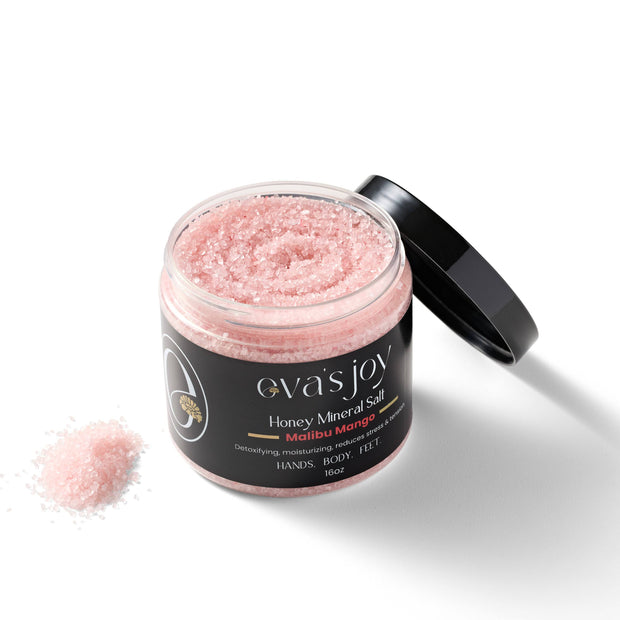 Eva’s Joy Malibu Mango Mineral Bath Salt 16 oz open jar with orange bath salts.